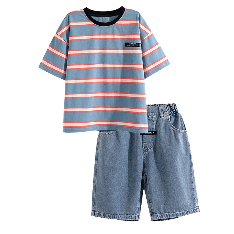 Conjunto Camiseta Listrada e Shorts Jeans Infantil