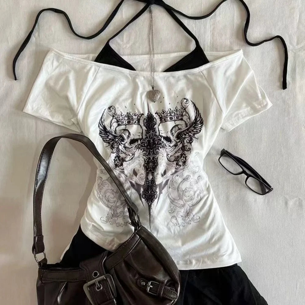 Camiseta Y2K Ombro a Ombro – Vintage Americana Slim Fit