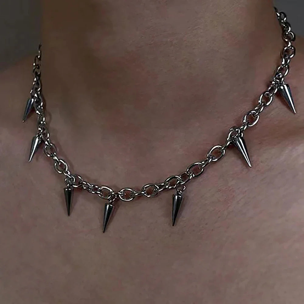 Punk Rivet Tassel Necklace – Titanium Steel Geometric Chain for Men & Women