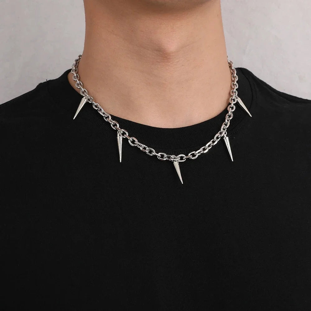 Punk Rivet Tassel Necklace – Titanium Steel Geometric Chain for Men & Women