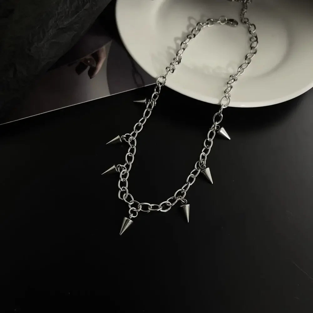 Punk Rivet Tassel Necklace – Titanium Steel Geometric Chain for Men & Women