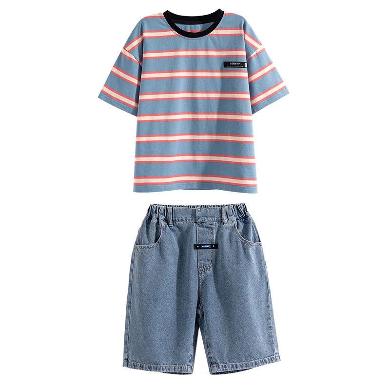 Conjunto Camiseta Listrada e Shorts Jeans Infantil